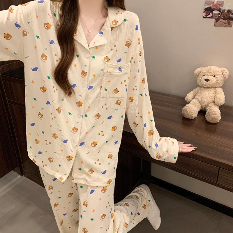 Butter Bear Pajamas Women'S Spring And Autumn Long-Sleeved Trousers Cute Print Student Dormitory Simple Suit Loungewear