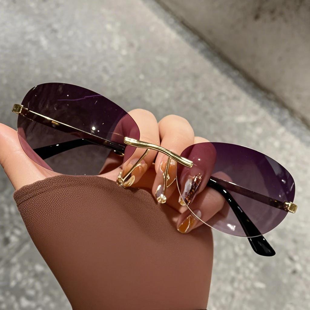 New European American Metal Frameless UV400 Sunglasses Fashionable Oval Cut Edge Glasses UV Resistant