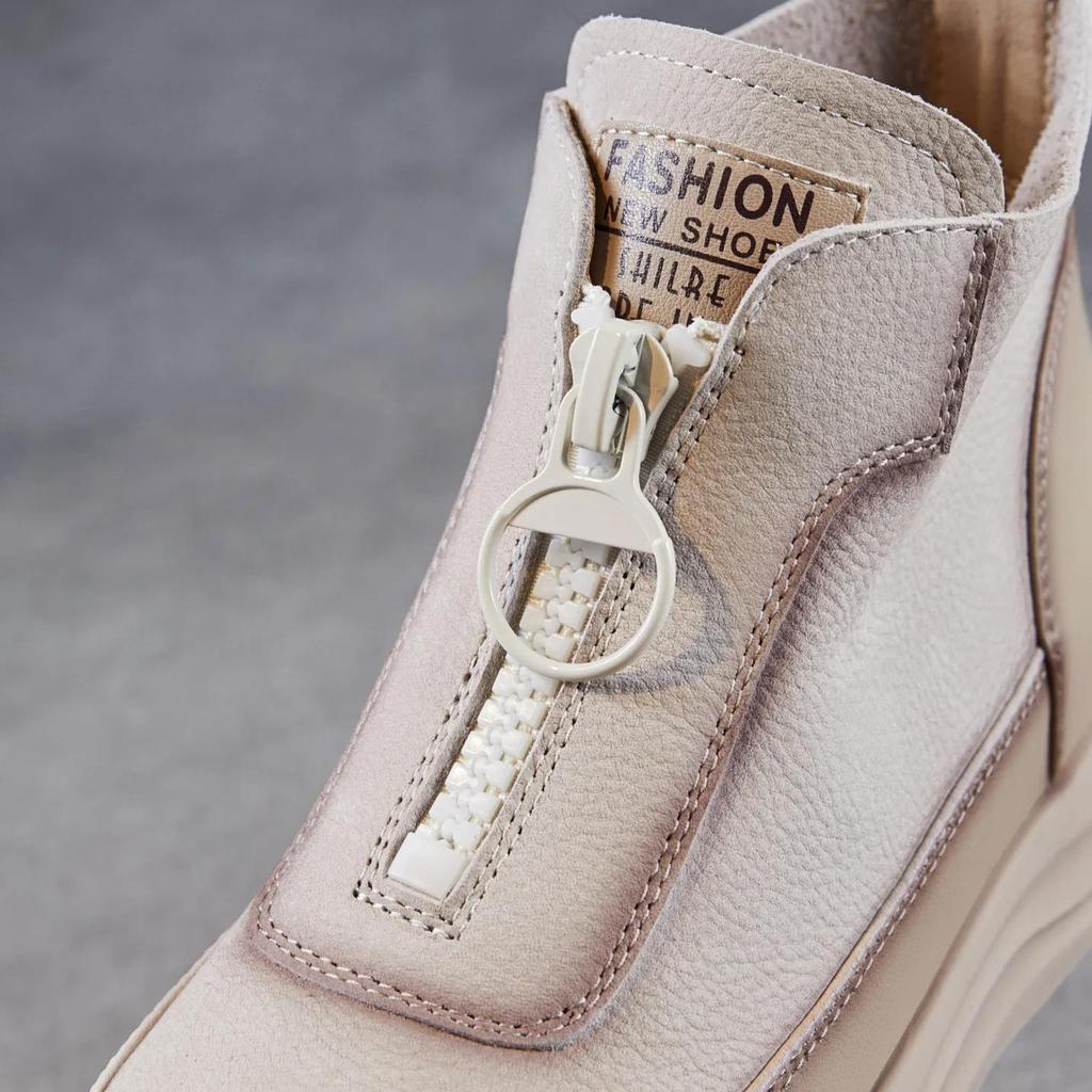 Johnature Genuine Leather Retro Thick Soled Short Boots With Front Zipper Casual Flat Platform Shoes