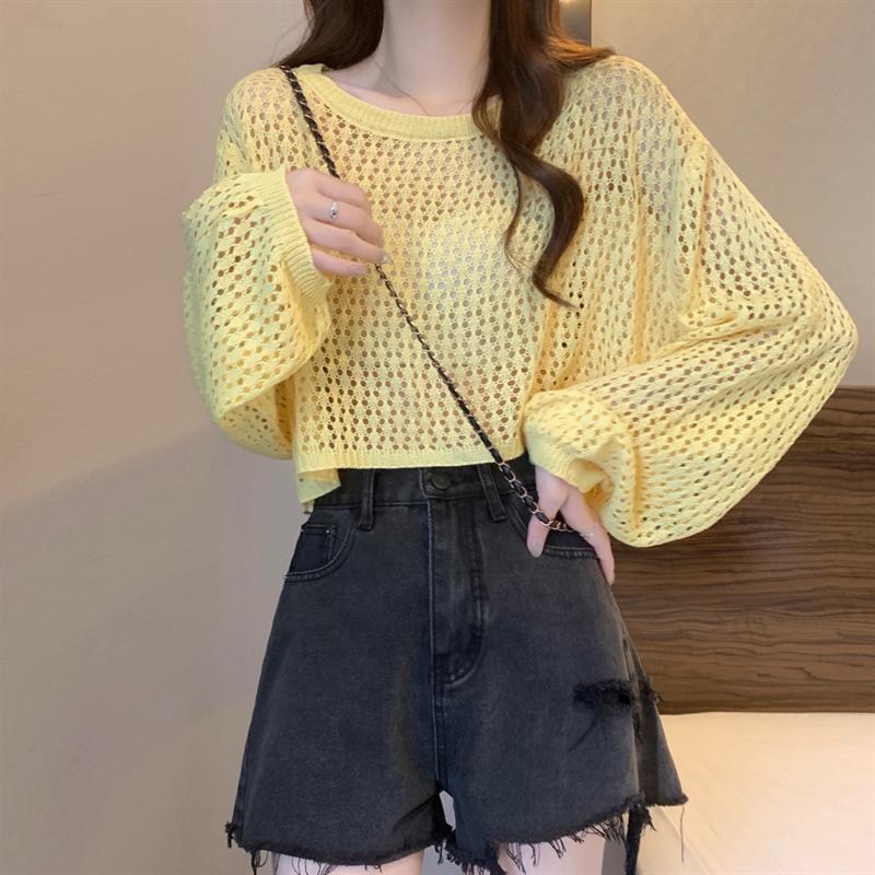 Loose lantern sleeves short hollow blouse women's summer tulle mesh candy color sweet round neck long-sleeved knitted sweater
