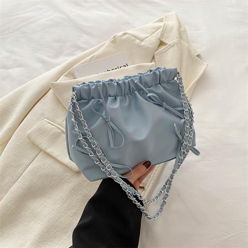 Large Capacity Simple Leisure Commuter Bucket Bag Chain Bowknot Shoulder Bag for Women Girl Gift