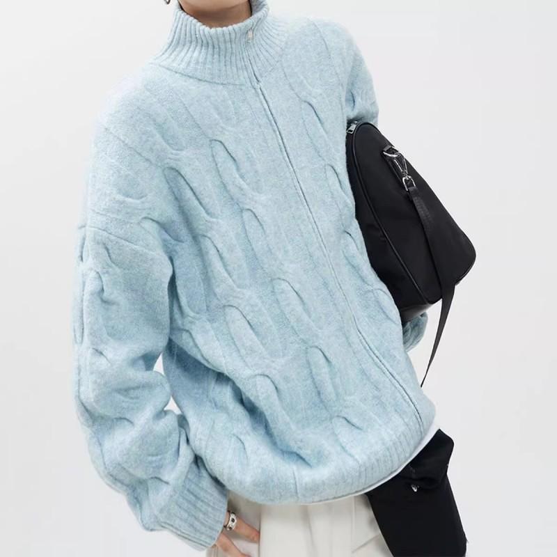 Unisex Vintage Half Turtleneck Cable Knit Cardigan Oversized Zip-Up Sweater Men Women Fall Winter