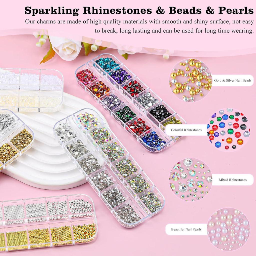12-Grid Nail Art Set: Glass Rhinestones, Mini Steel Beads, Flat-Bottom Half Pearls for Decoration.
