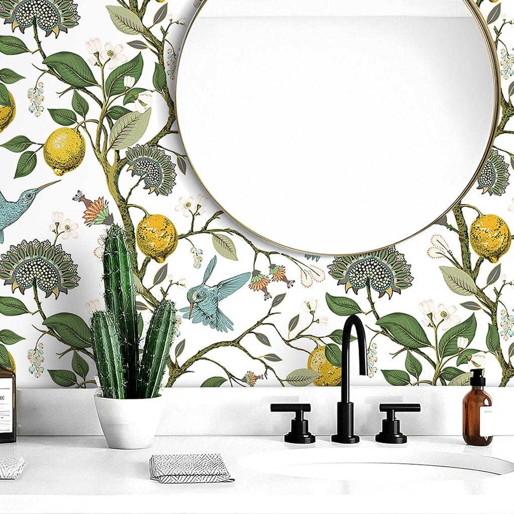 Tapet autoadeziv galben cu coajă de lămâie, floral, cu colibri, pentru decorarea suprafeței sertarelor de bucătărie, impermeabil