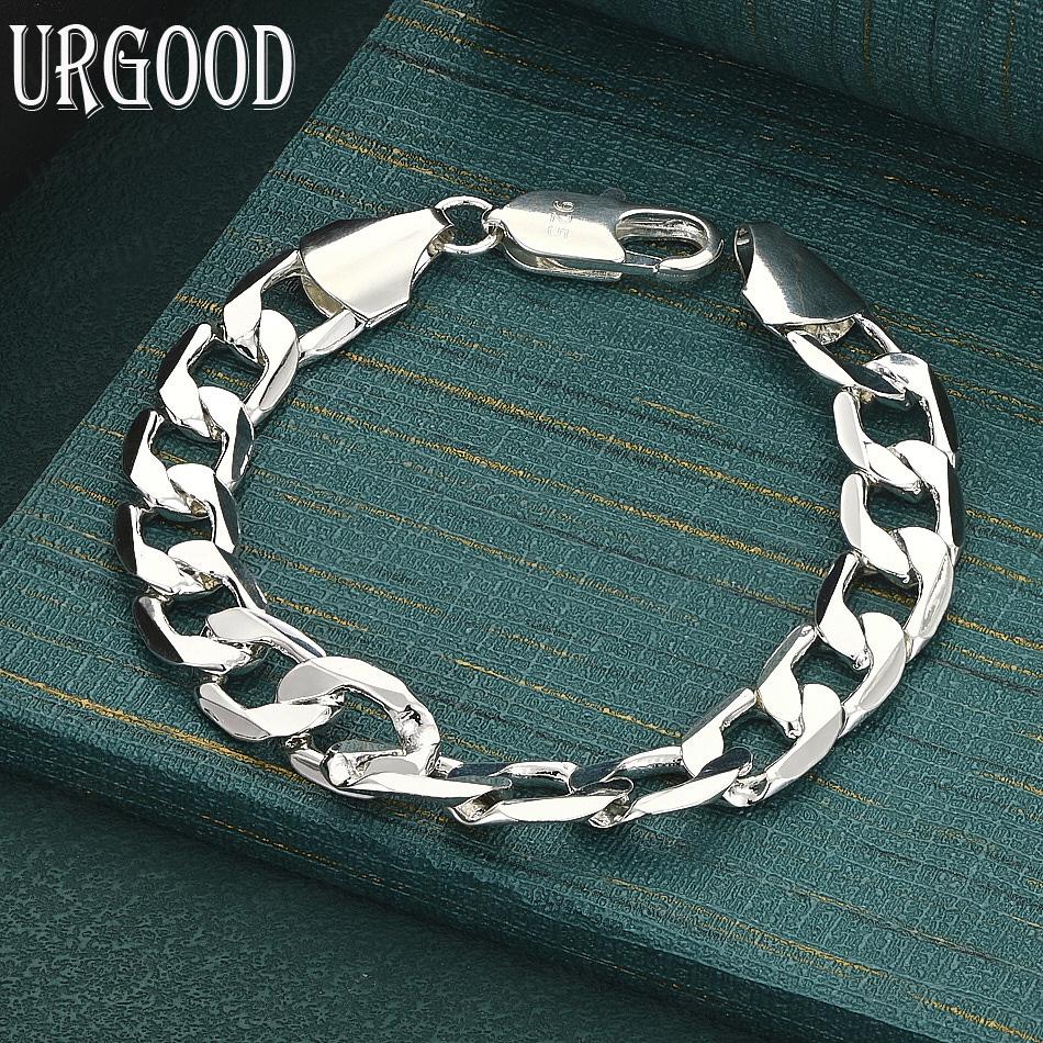 

925 Sterling Silver Fashion 10mm Side Chain Bracelet Men Women Gift Jewelry 20CM