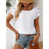 T-shirt da donna a maniche corte con bottoni, girocollo, tinta unita, con trafori, nuova per primavera ed estate