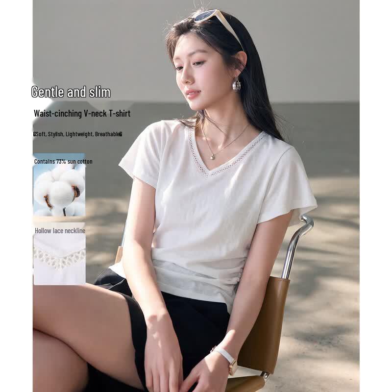 Women s V-Neck Hollow Lace Short Sleeve T-Shirt L