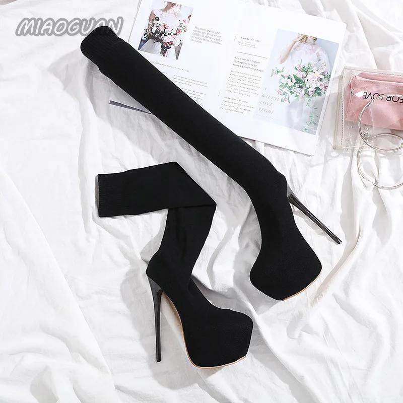 Μόδα 2025 Νέα Μόδα Ψηλοτάκουνα 16εκ. Μπότες Στοκίνες Πάνω από το Γόνατο για Γυναίκες Μαύρο Πλεκτό Στρογγυλή Μύτη Μπότες Μέχρι τον Μηρό Μακριές Γυναικείες Μπότες