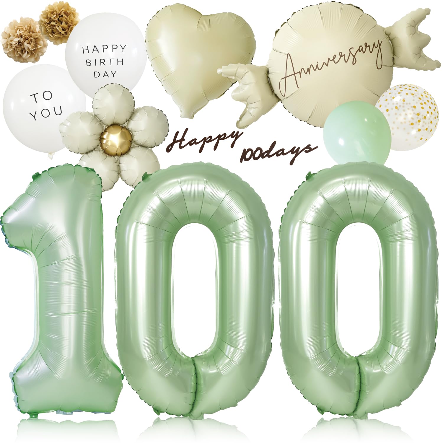 

Deerzon 100 Days Decoration Balloon Set of 13 Large Number Balloons Dusky Green 100-Day Celebration Birthday Decoration