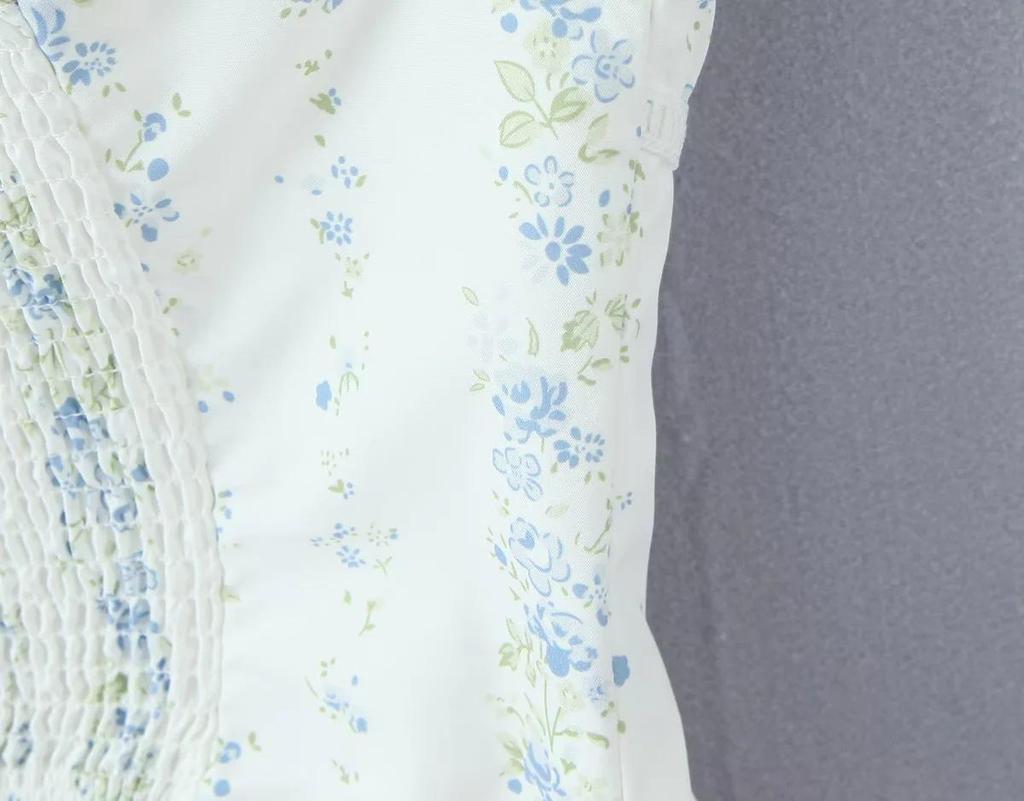 Elegant French Square Neck Floral Tie-Up Top - Women's Summer Slimming Waist-Cinching Shirt