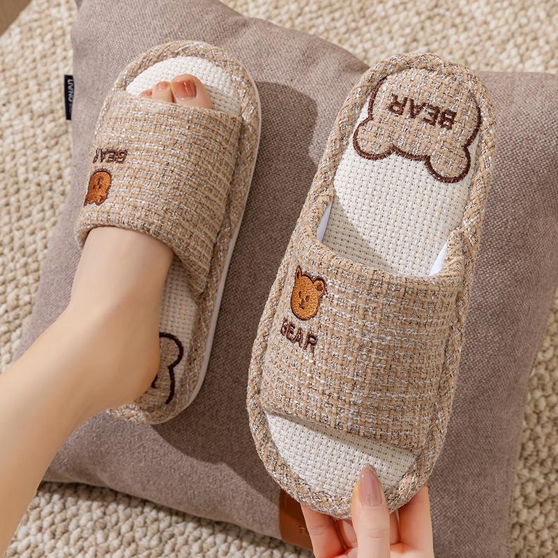 Linen slippers women's thick bottom four seasons universal indoor spring and autumn summer home use cotton and linen drag non-slip men