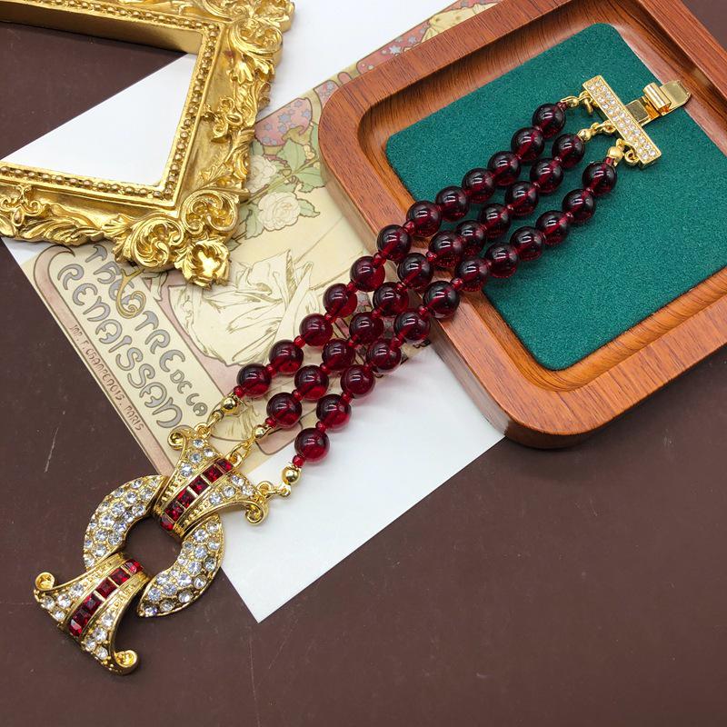 Retro Pomegranate Red Glass Bead Layered Sweater Chain & Rhinestone Necklace Bracelet Set