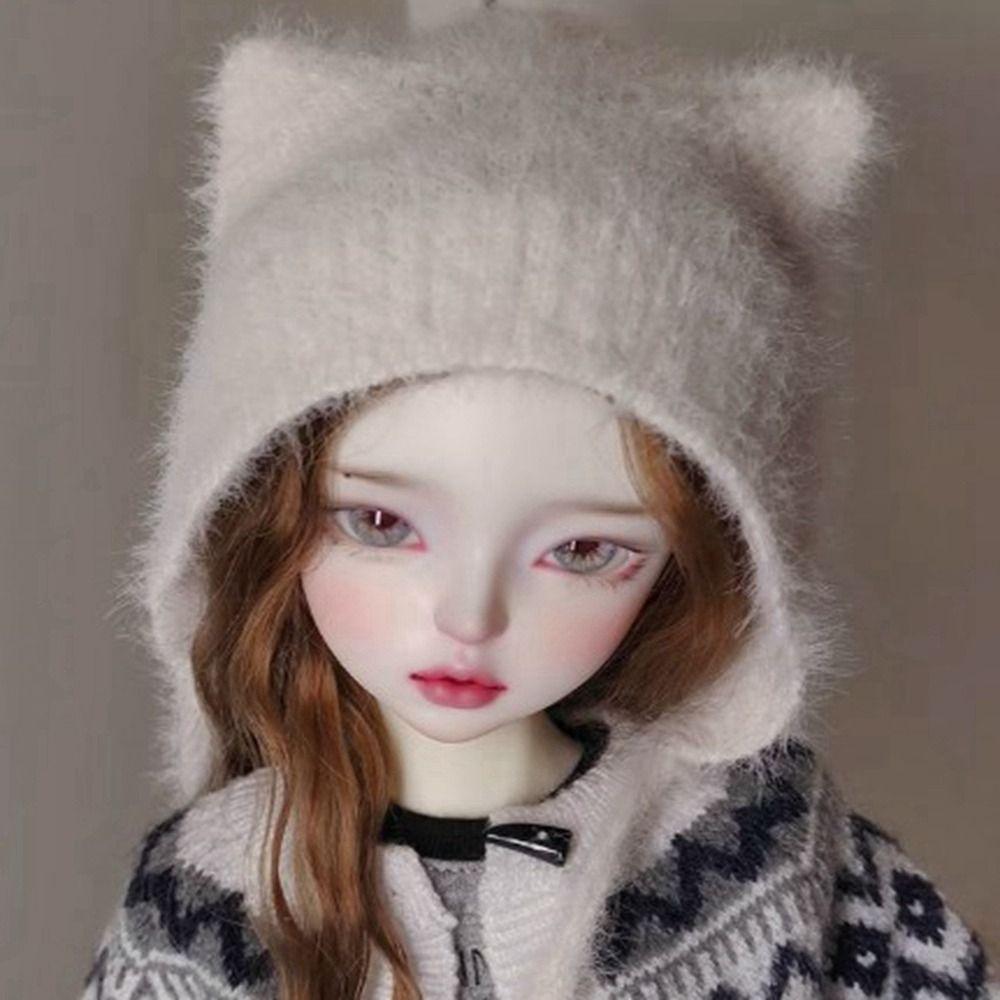 Módní chlupatá čepice s kočičími uši DIY ručně pletená vlněná čepice šála pro panenky 1/4 1/6 BJD 30/45cm
