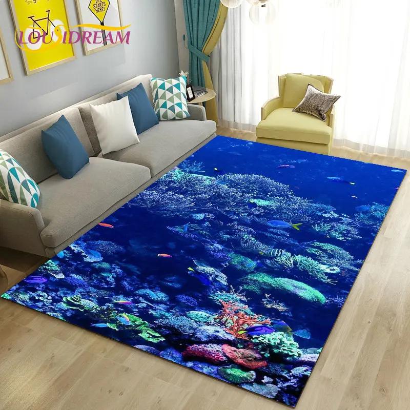 3D illusion Underwater World Seabed Dolphin Shark Area Rug ,Carpet Rug for Living Room Bedroom Sofa Doormat Non-slip Floor Mat
