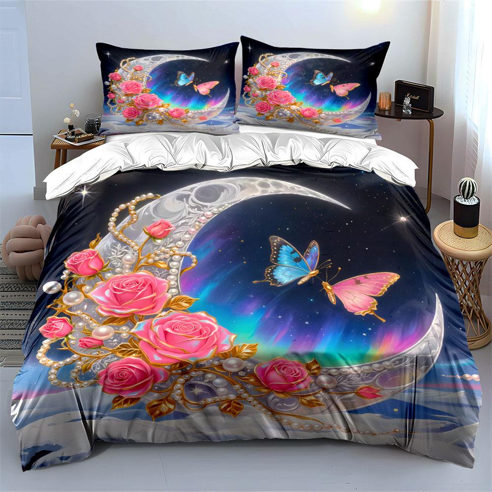 Elegant Moonlit Rose-Themed Decor  Kid'S And Adults' Bedroom Decor, Exquisite Three-Piece Bedding Set Gift