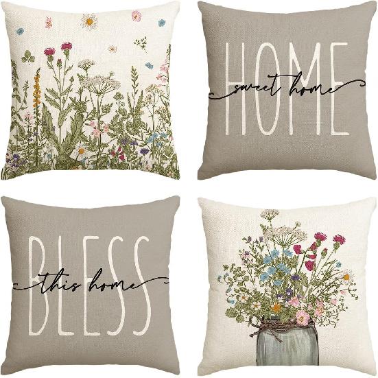 AVOIN Colorlife Fall Wildflowers Home Sweet Home Throw Pillow Covers, 18x18 Inch Autumn Seasonal Decorations Set of 4
