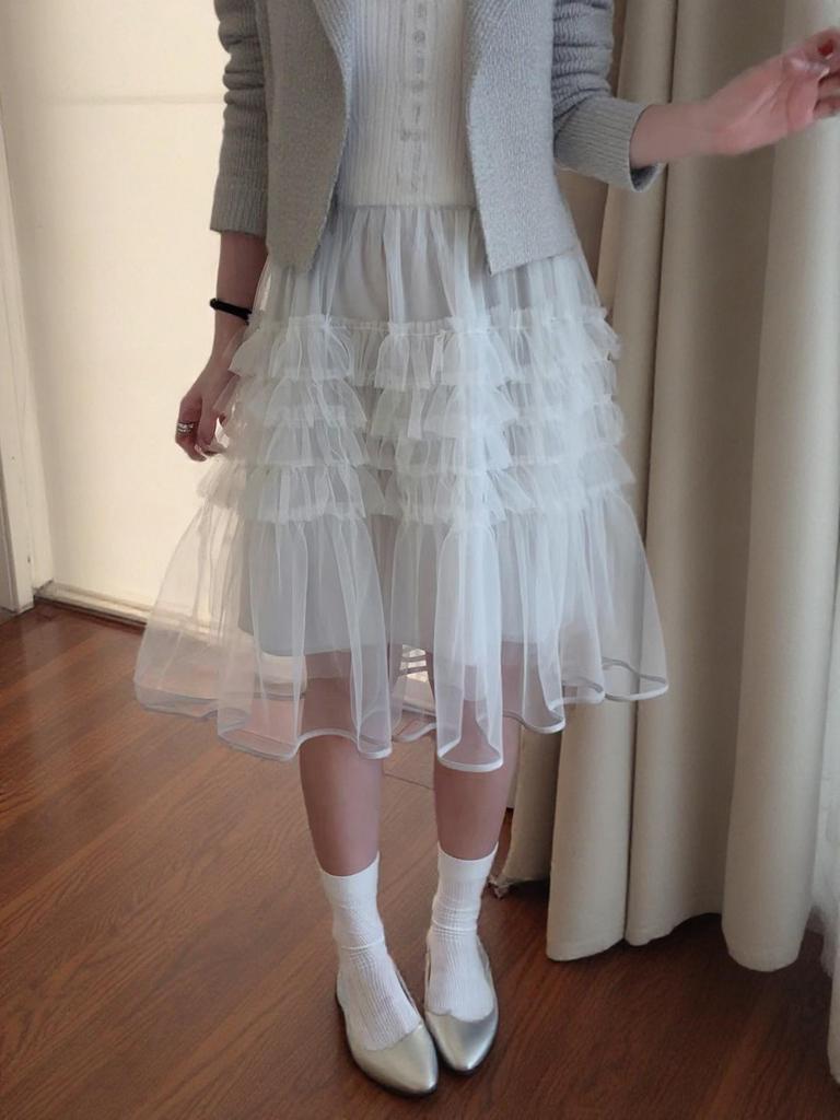Spring/Summer 2026 Women's Korean Style Layered Ruffle Patchwork Midi Skirt