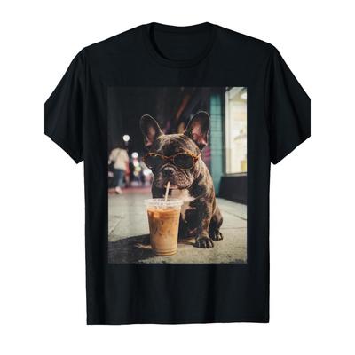T-shirt Divertente Animale Bulldog Francese Che Beve Caffè Freddo