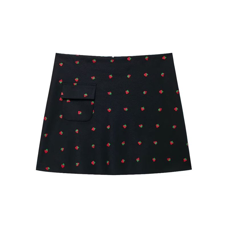 

Romantic Top French Style Retro Unique Stylish Strawberry Embroider Suit + Skirt Temperament Twinset Women Black Strawberry Embroider Skirt L