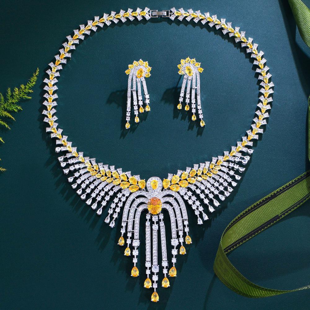 Heavy Industry Super Flash High-End Luxury Tassel Zircon Jewelry Set Dinner Dress Bridal Accessories Necklace Earrings Set Chain