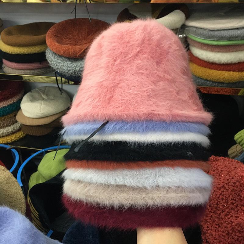 

Fashion long rabbit hair fluffy bucket hat ladies autumn and winter warm literary bell bucket hat tide M（56-58cm） світло-синій колір