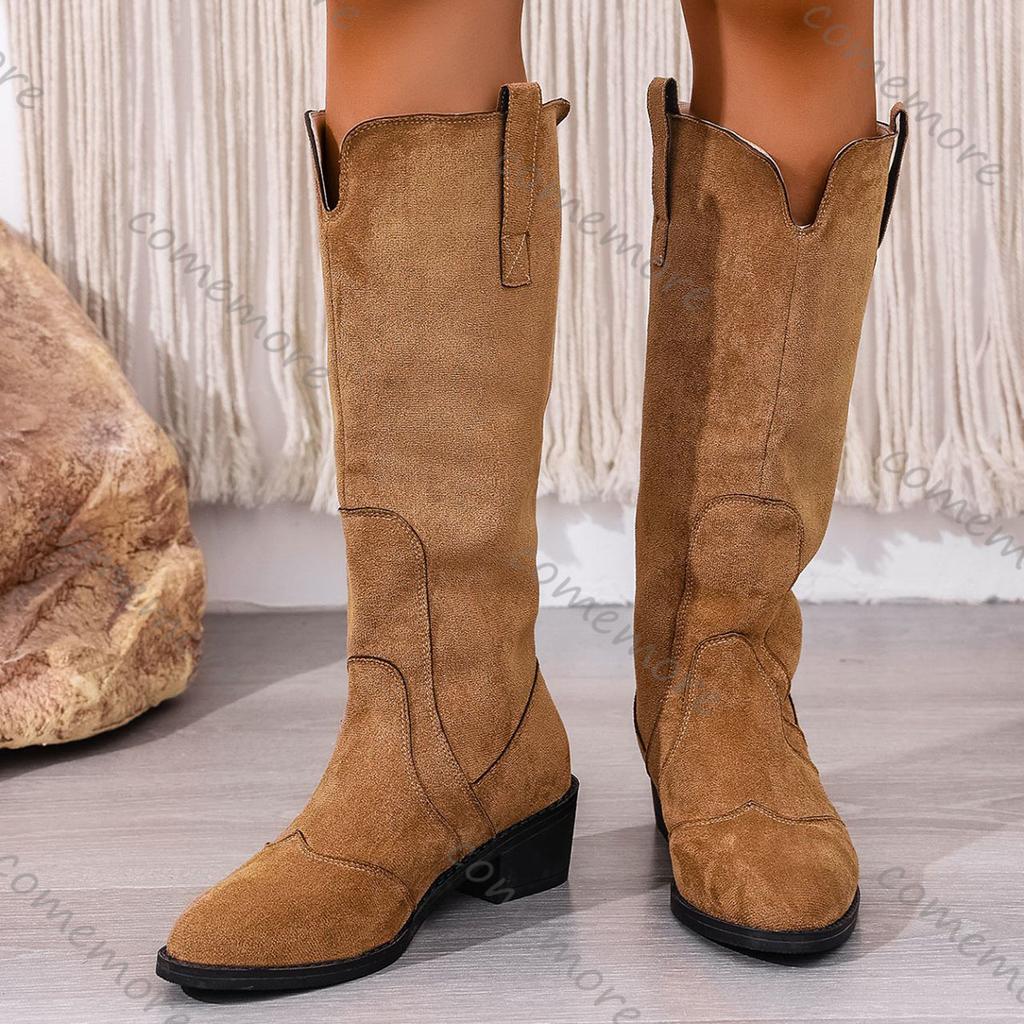 Fashion Comemore Autumn Knee High Boots Women Pointed Suede Chunky Heeled Women's Shoes Retro V-mouth Fashion Thigh-high Botas Femmes