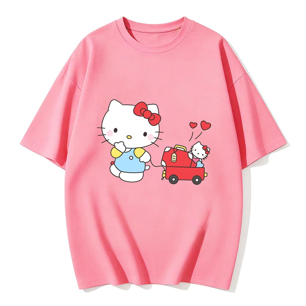 2026 Summer Hello Kitty Cartoon Printed Short Sleeve Pure Cotton Tshirt Womens Family Matching Outfits Classic Fashion Tee Top