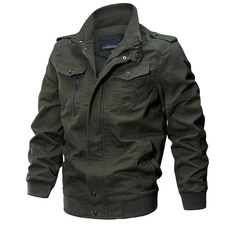 Men's Khaki Utility Jacket with Multiple Pockets, Zipper Button Front, Ribbed Cuffs and Hem
