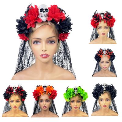 Opaska na głowę z motywem Halloween Dzień Zmarłych Czaszka Kwiat Welon Opaska na włosy Kostium Cosplay Nakrycie głowy Dla Dorosłych Dekoracje do włosów na Festiwal