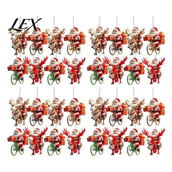 Indoor Christmas Theme Ornaments 8/16/24/32Pcs 2D Flat Wooden Ornaments, Santa Claus Riding Bicycle Hanging Winter Holiday Craft Decorations