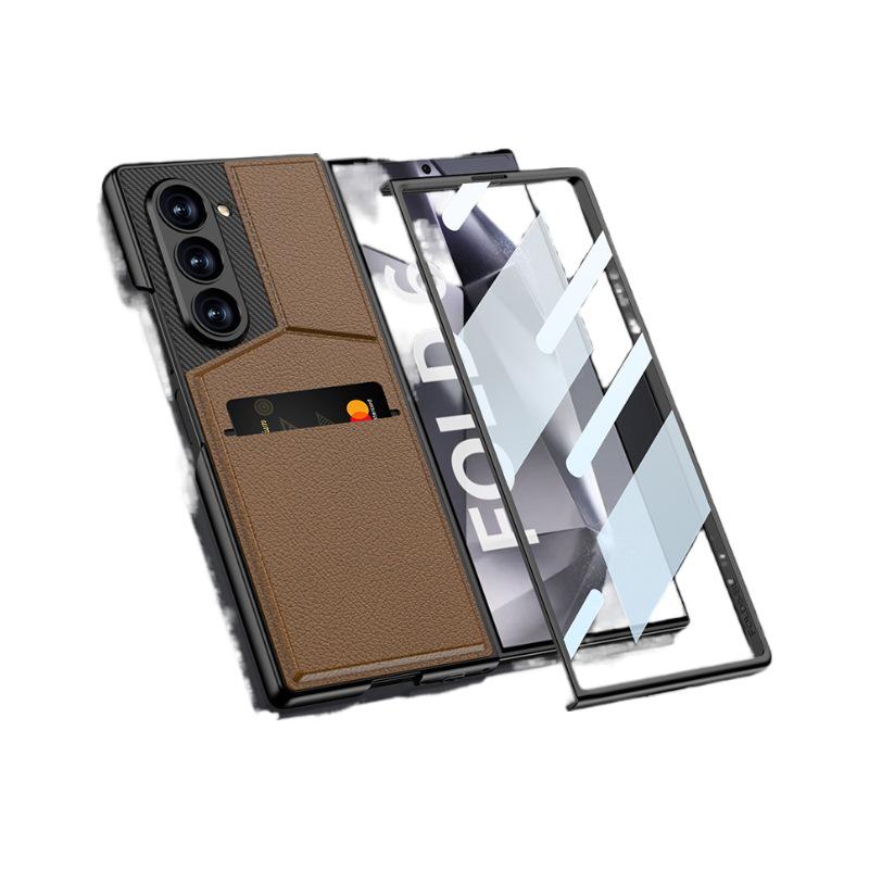 Samsung Z Fold 6 Card Holder Stand Case - Premium Leather with Film Integrated Protection
