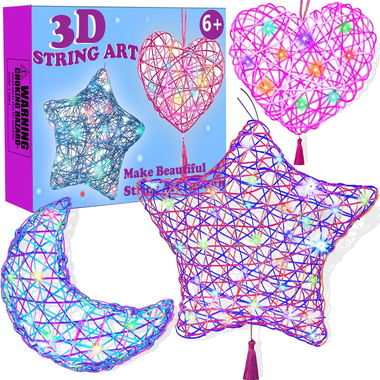 Наборы для 3D-стринг-арта Beilunt, поделки для девочек 8-12 лет, наборы для творчества для детей 6-8 лет, сделайте фонарик из ниток с 20 цветными светодиодными лампочками для девочек 6 7 лет