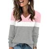 Women's Fashionable Oversized V-Neck T-Shirt With Striped Patchwork Print Long-Sleeved Pullover Top