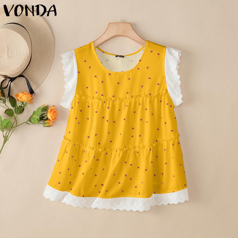 

VONDA Женские повседневные топы-майки без рукавов с вязаным крючком пэчворком и принтом с оборками 5XL жёлтый