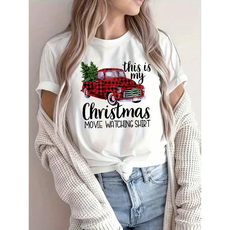 

European Size Cute Letter Slogan Christmas Tree Red Graphic Breathable Print Crew Neck Short Sleeve Christmas T-Shirt, 4XL білий