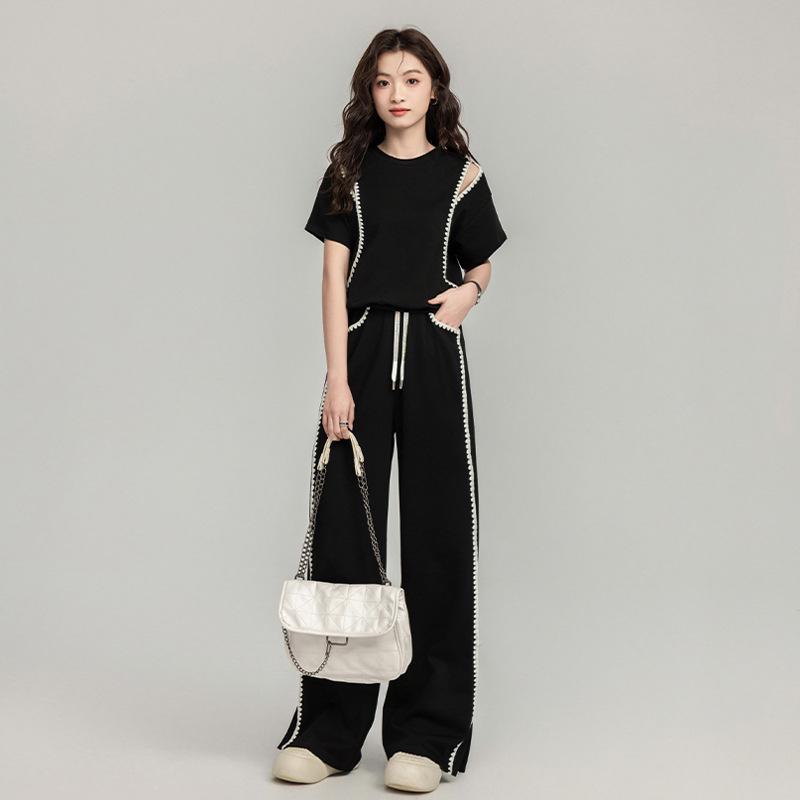 2025 Summer Trendy Sporty Slim Two-Piece Set: Short-Sleeve Top & Wide-Leg Pants