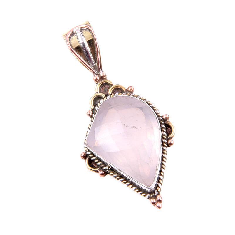 Natural Rose Quartz Gemstone 925 Solid Sterling Silver TwoTone Pendant 1.5" U5h41