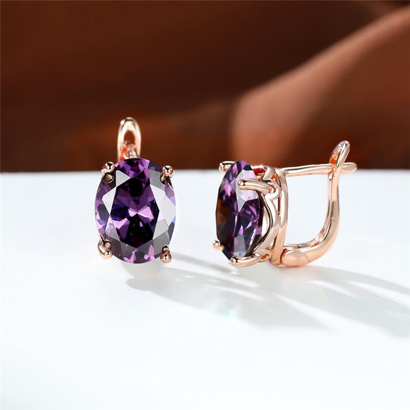 Crystal Female White Red Oval Stone Clip Earrings Rose Gold Color Multicolor Zircon  Wedding Jewelry For Women