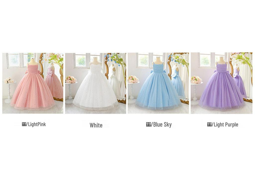 Children's Spaghetti Strap Sequin Flower Girl Dress - Puffy Tulle Skirt with Bow, Princess Gown for Weddings & Performances