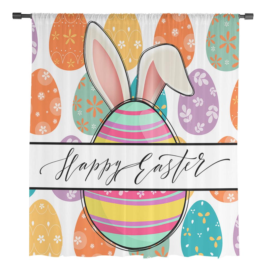 Easter Egg Texture Rabbit Ears Tulle Curtains For Living Room Bedroom Voile Sheer Curtain Window Home Decor Drapes