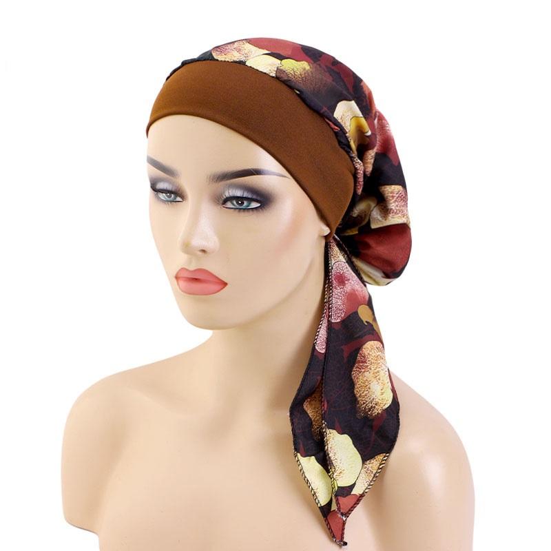 New Womens Pre-Tied Turban Cap Muslim Hijab Cancer Chemo Flower Print Hat Cover Hair Loss Head Scarf Wrap Strech Bandana
