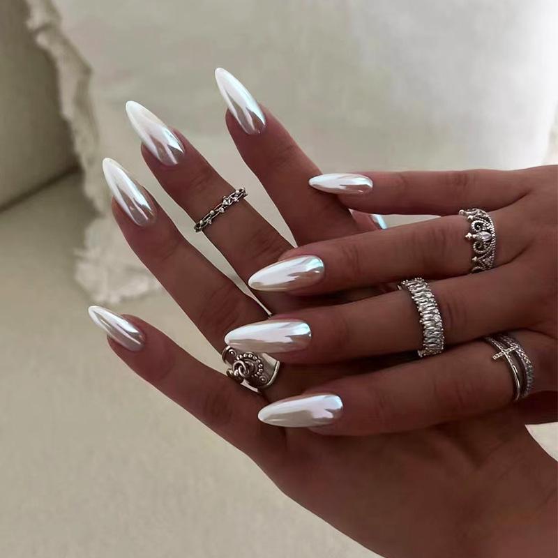 24-Piece Silver Aurora False Nails - Solid Color, Removable, Wearable Nail Art Set
