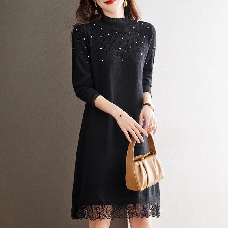 Lace Half Turtleneck Sweater Solid Color Loose Pullover for Women Casual Long-sleeved Knitted Dress for Autumn and Winter