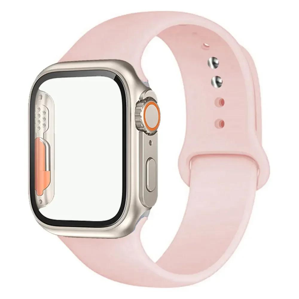 Silicone Strap+Case For Apple Watch Band 44mm 45mm 41mm 40mm Tempered Glass Cover Change to Ultra iWatch Series 9 8 7 SE 6 5 3