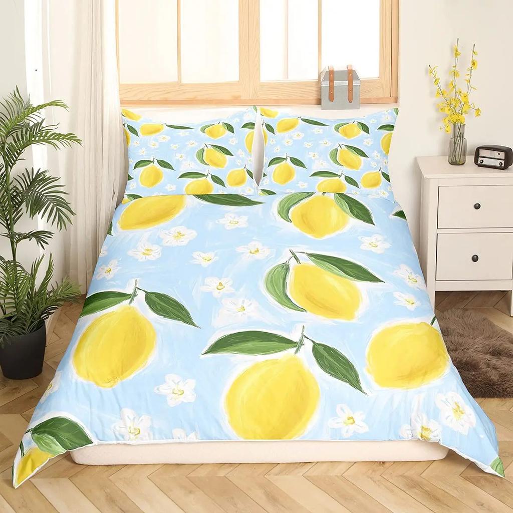 Lemon Duvet Cover Set,Bedding Set 3pcs for Teens Room,Botanical Natural Bright Yellow and Black Quilt Cover with 2 Pillowcases