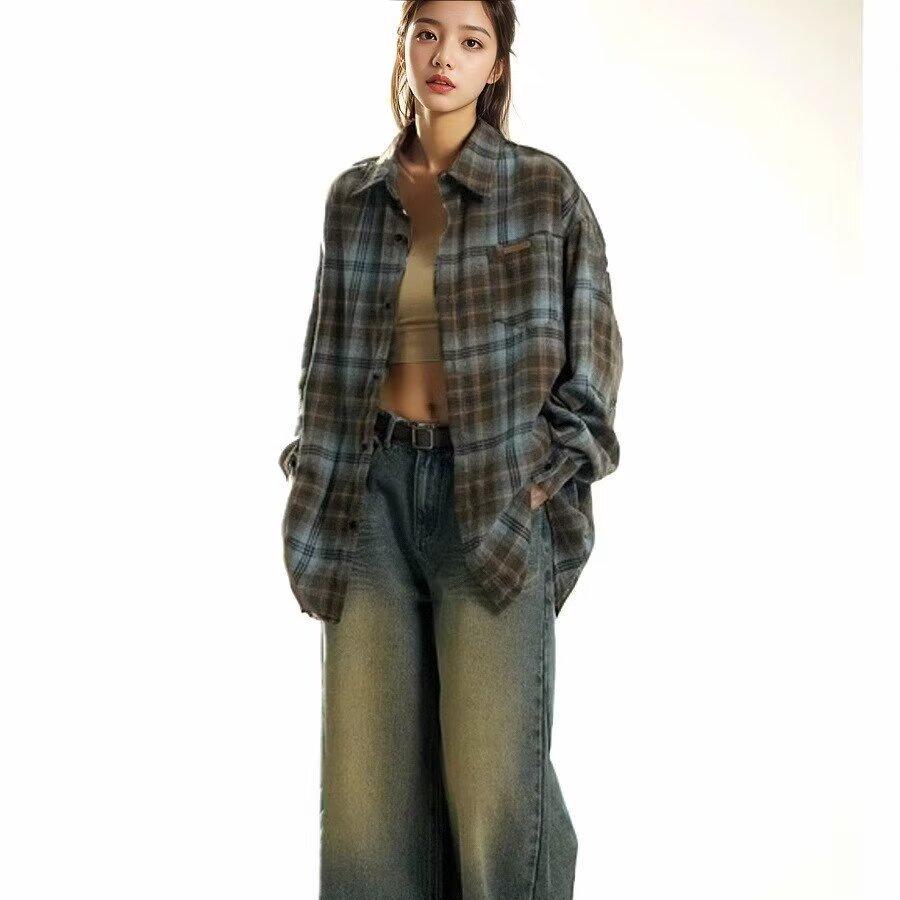 Women's American Retro Plaid Long-Sleeve Shirt - Casual, Sweet, High-End, and Versatile