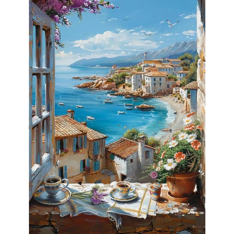 Abstract Colorful Graffiti Town Landscape Canvas Painting Modern Art Window Sea View Aesthetic Posters Prints Living Room Decor