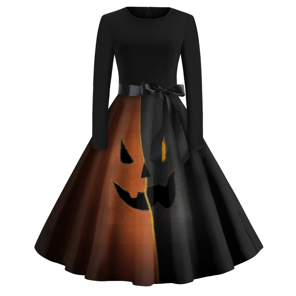 Women's Casual Fashion Halloween Print Round Neck Vintage Style Dress Long Sleeve Fit and Flare Midi Dress with Waist Tie for Seasonal Wear