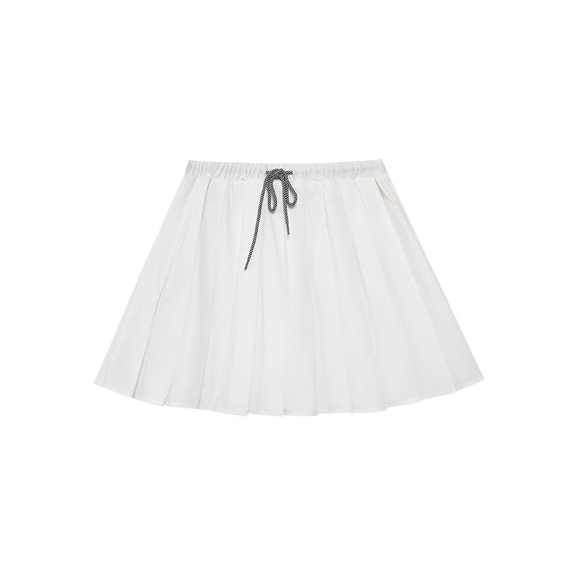 Interpret Beauty Summer 2025 Preppy Pleated A-line Midi Skirt with Drawstring Waist (S5108)