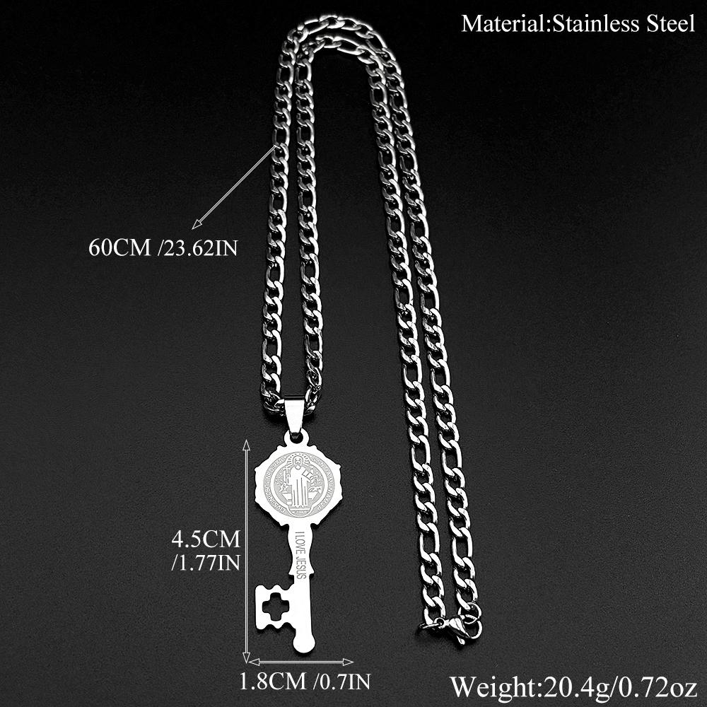 Catholic Saint Benedict Medal Key Shaped Pendant Necklace Stainless Steel I LOVE JESUS San Benito Chain Amulet Jewelry Gift